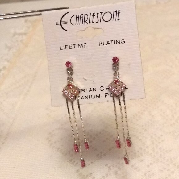 NEW Silver Plated Pink Crystal Long Drop Dangle Earrings Jewelry Gifts - Picture 4 of 7